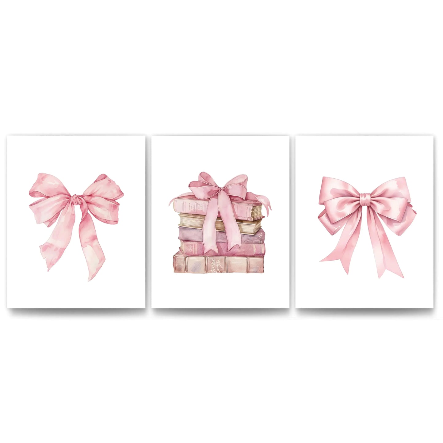 Pink Bow Book Art Prints Set of 3 - Girly Dorm Decor