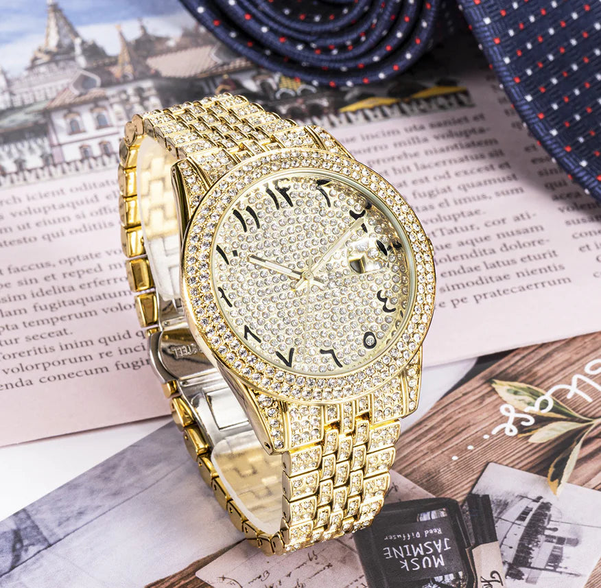 Luxury Full Diamond Arabic Sky Star Quartz Watch β Waterproof, Calendar, Men's