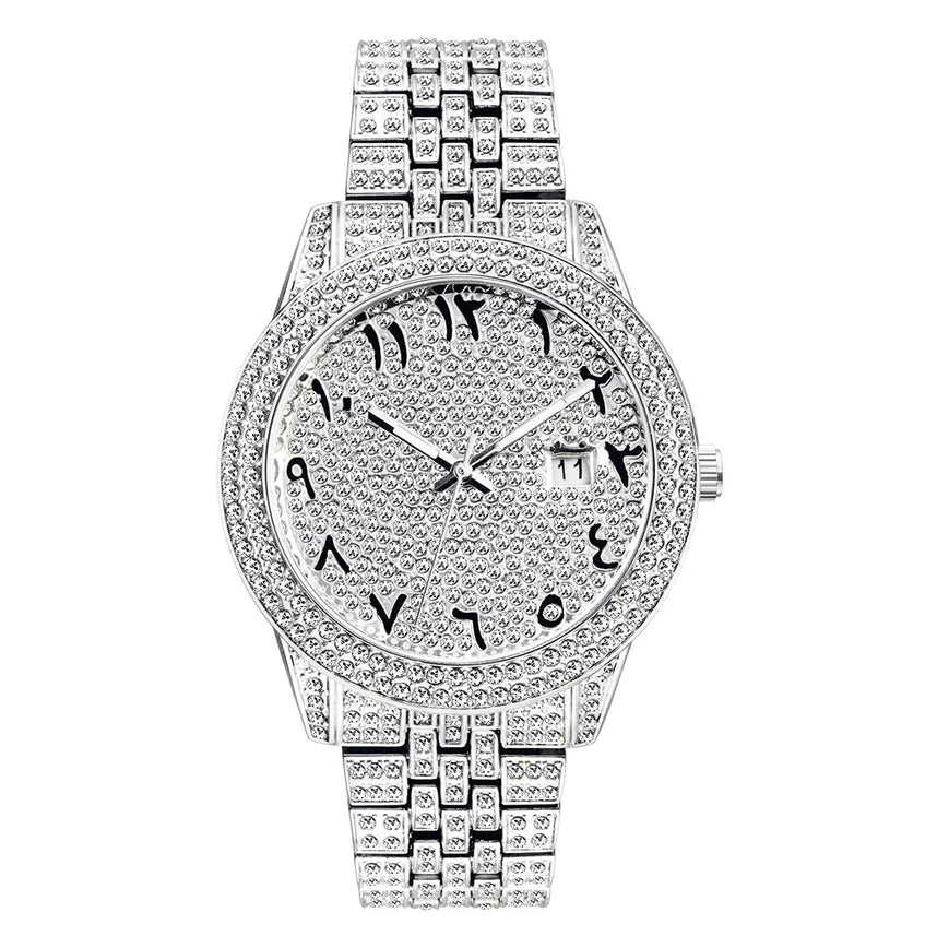 Luxury Full Diamond Arabic Sky Star Quartz Watch β Waterproof, Calendar, Men's