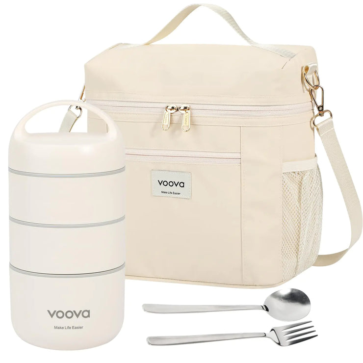 Voova 3-Tier Insulated Bento Box Set with Bag and Cutlery - Leakproof and Stainless Steel