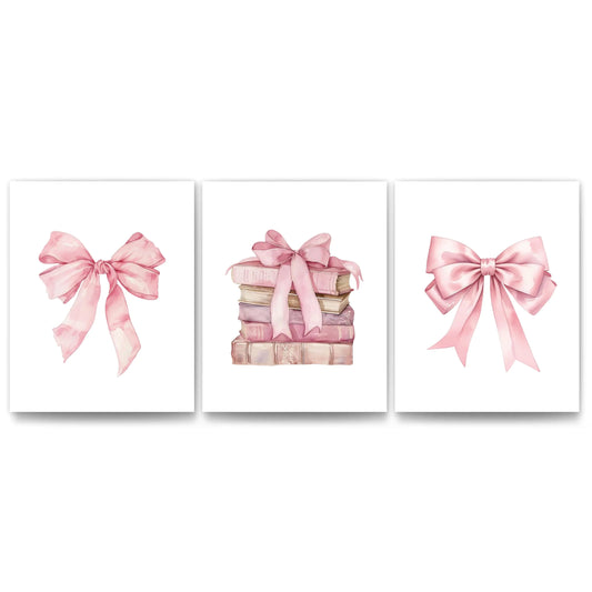 Pink Bow Book Art Prints Set of 3 - Girly Dorm Decor