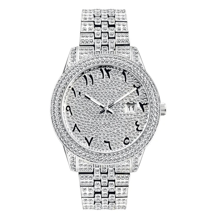 Luxury Full Diamond Arabic Sky Star Quartz Watch – Waterproof, Calendar, Men's