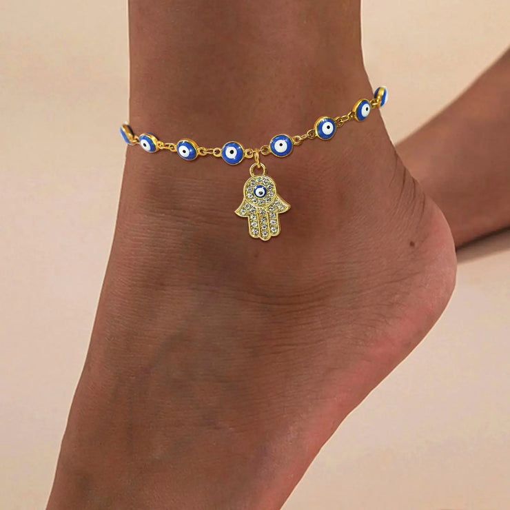 Evil Eye Fatiha Hand Zirconia Women's 18K Gold Anklet