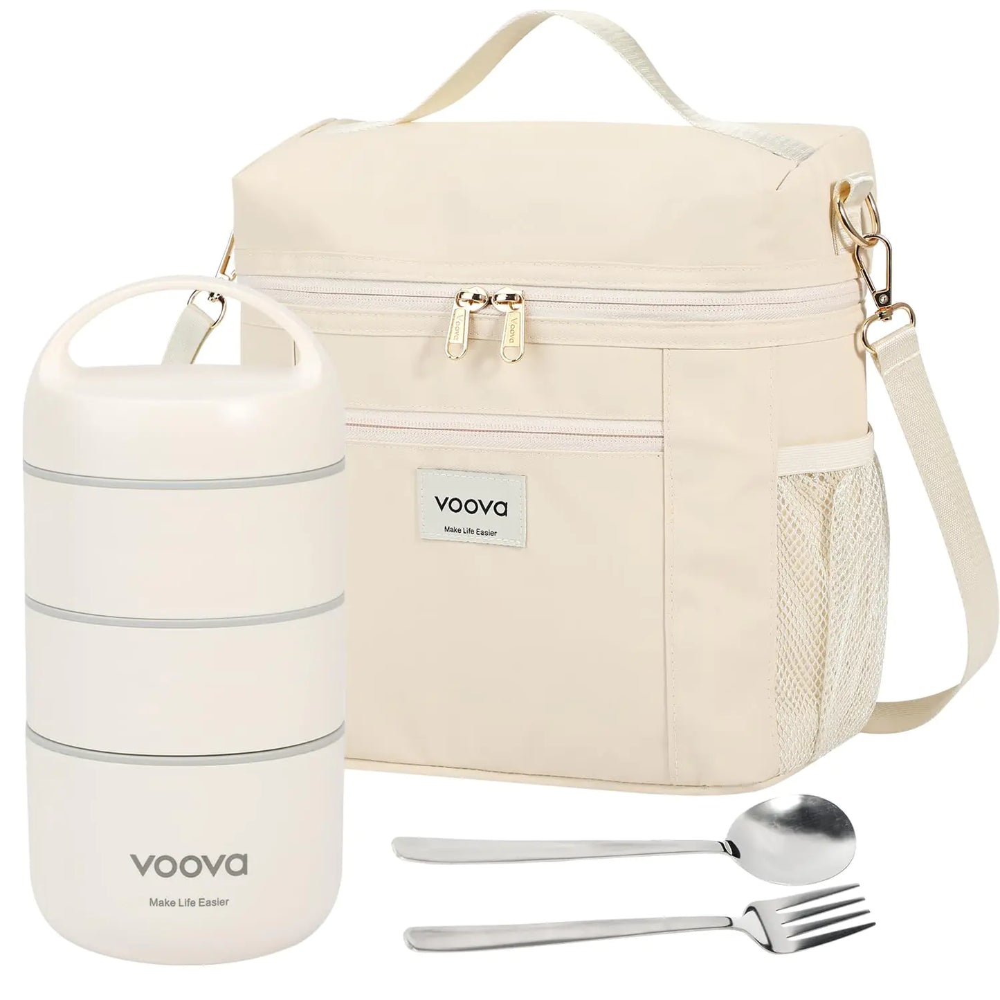 Voova 3-Tier Insulated Bento Box Set with Bag and Cutlery - Leakproof and Stainless Steel