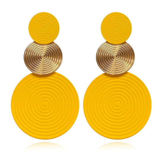 Retro 80s Neon Earrings Round Disc Dangle Drop Earrings  (Gold Yellow)