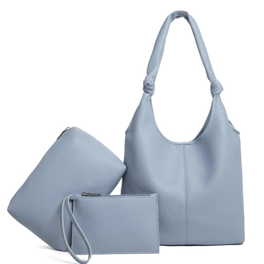 Vegan Leather Hobo Handbag Set with Clutch (Blue)