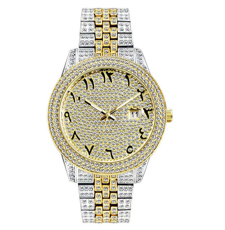 Luxury Full Diamond Arabic Sky Star Quartz Watch – Waterproof, Calendar, Men's